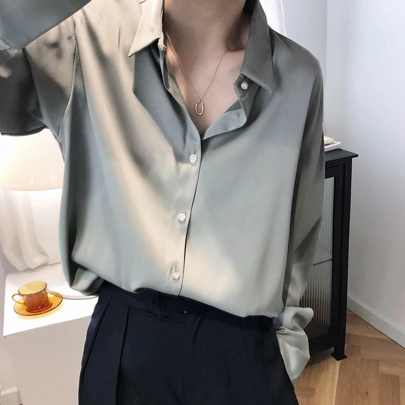 Color: Khaki, Size: XL - All-match Satin Finish Shirts And Blouses Women Clothing Casual Top OL Long Sleeve Button Elegant Shirts French Solid Blouses