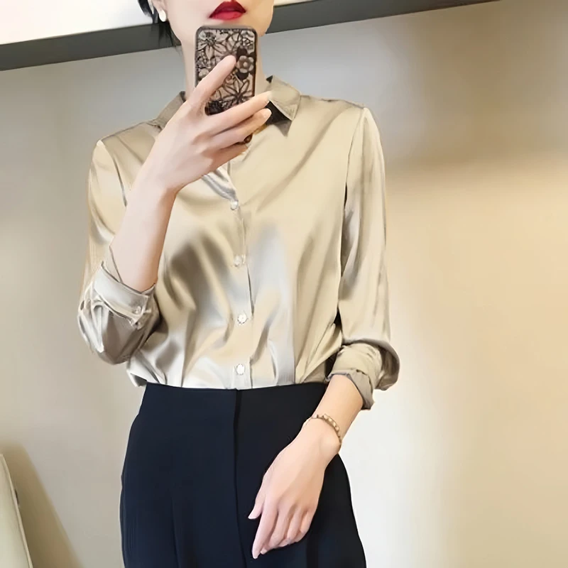 Color: Khaki, Size: XL - All-match Satin Finish Shirts And Blouses Women Clothing Casual Top OL Long Sleeve Button Elegant Shirts French Solid Blouses