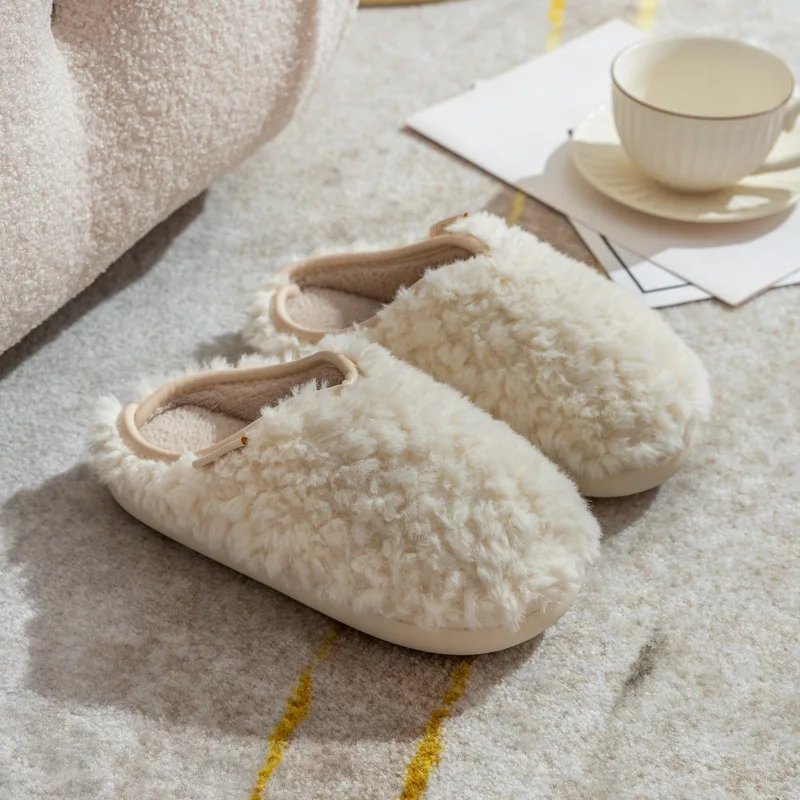 Color: Beige, Shoe Size: 38-39, Ships From: CHINA - Crestar Warm Fluffy Women Slippers Winter New Indoor Soft Sole Fuzzy Bedroom Flat Slides Non-slip Fleece Lind Fur House Slippers