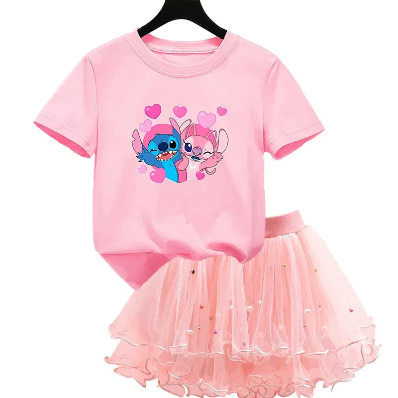 Color: MULTI, Kid Size: 3T - 2pcs Lilo Stitch Summer Girls Outfits Cartoon T-shirt and Tutu Skirt Princess Clothes Suit Children Birthday Clothing Sets