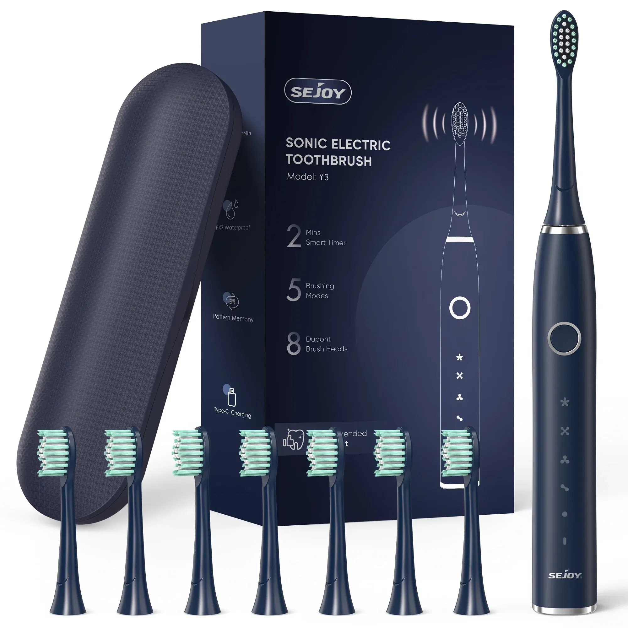Color: dark blue, Ships From: CHINA - Electric Toothbrush Tooth Brush USB Rechargeable Adult Ultrasonic Teeth Cleaning 8 Replacement Toothbrush Heads