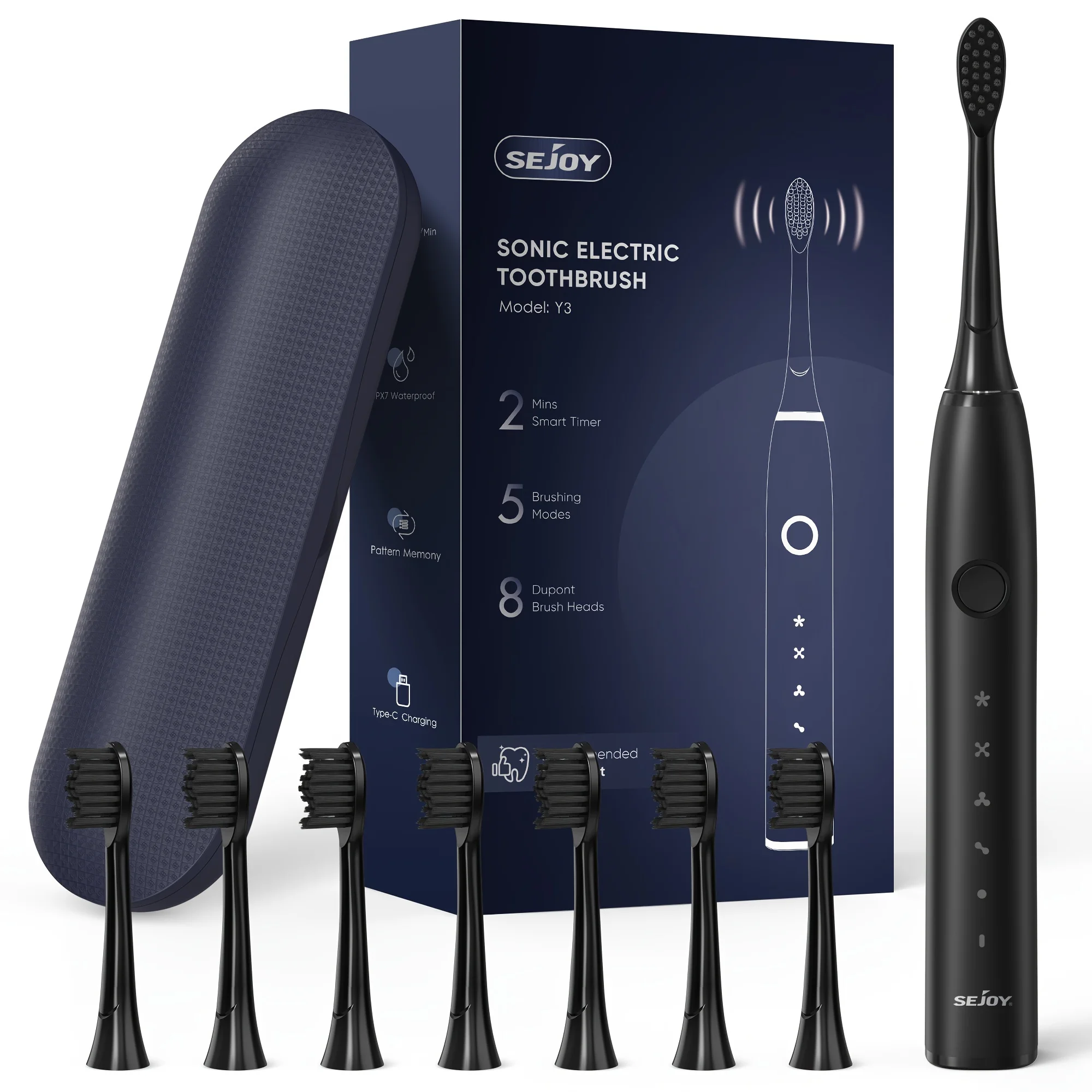 Color: dark blue, Ships From: CHINA - Electric Toothbrush Tooth Brush USB Rechargeable Adult Ultrasonic Teeth Cleaning 8 Replacement Toothbrush Heads