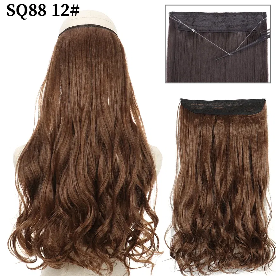 Color: #35, Stretched Length: 32inches, Ships From: CHINA - Synthetic Natural Wavy No Clip Fish Line Invisible Hair Extensions Mixed Color Blonde Black Artificial False Hair Piece ForWomen