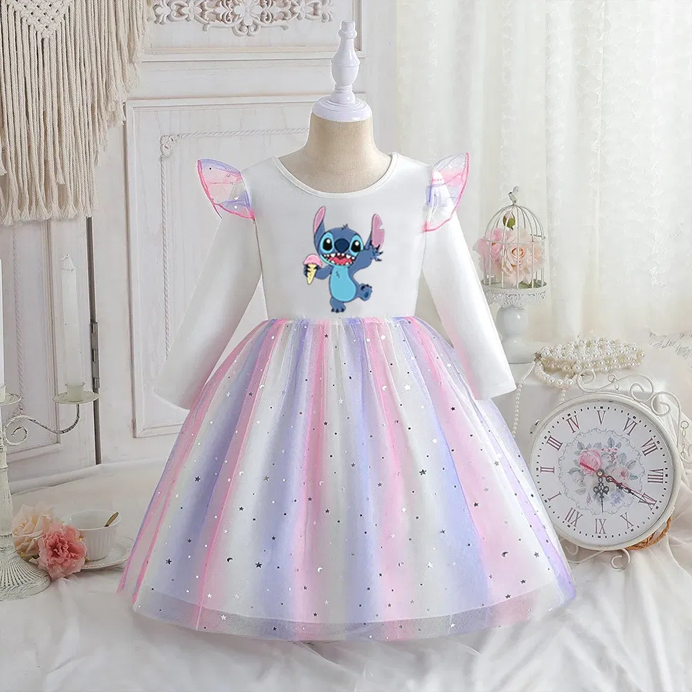 Color: Brown, Kid Size: 5 - Stitch Princess Dress Autumn New Disney Baby Girls Dress Spring Autumn Long-sleeved For Children Kids Clothes Birthday Party