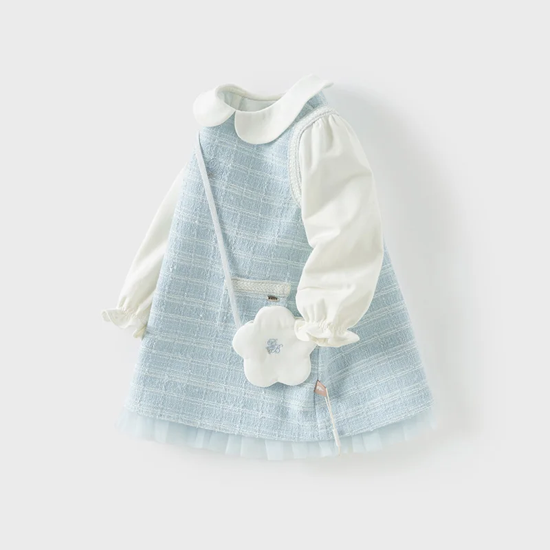 Color: Gold, Kid Size: 30 - Dave Bella Children's Dress 2025 Spring New Girls Baby Gentle Cute Fake Two piece Baby Elegant Princess Dress Party DB1250299