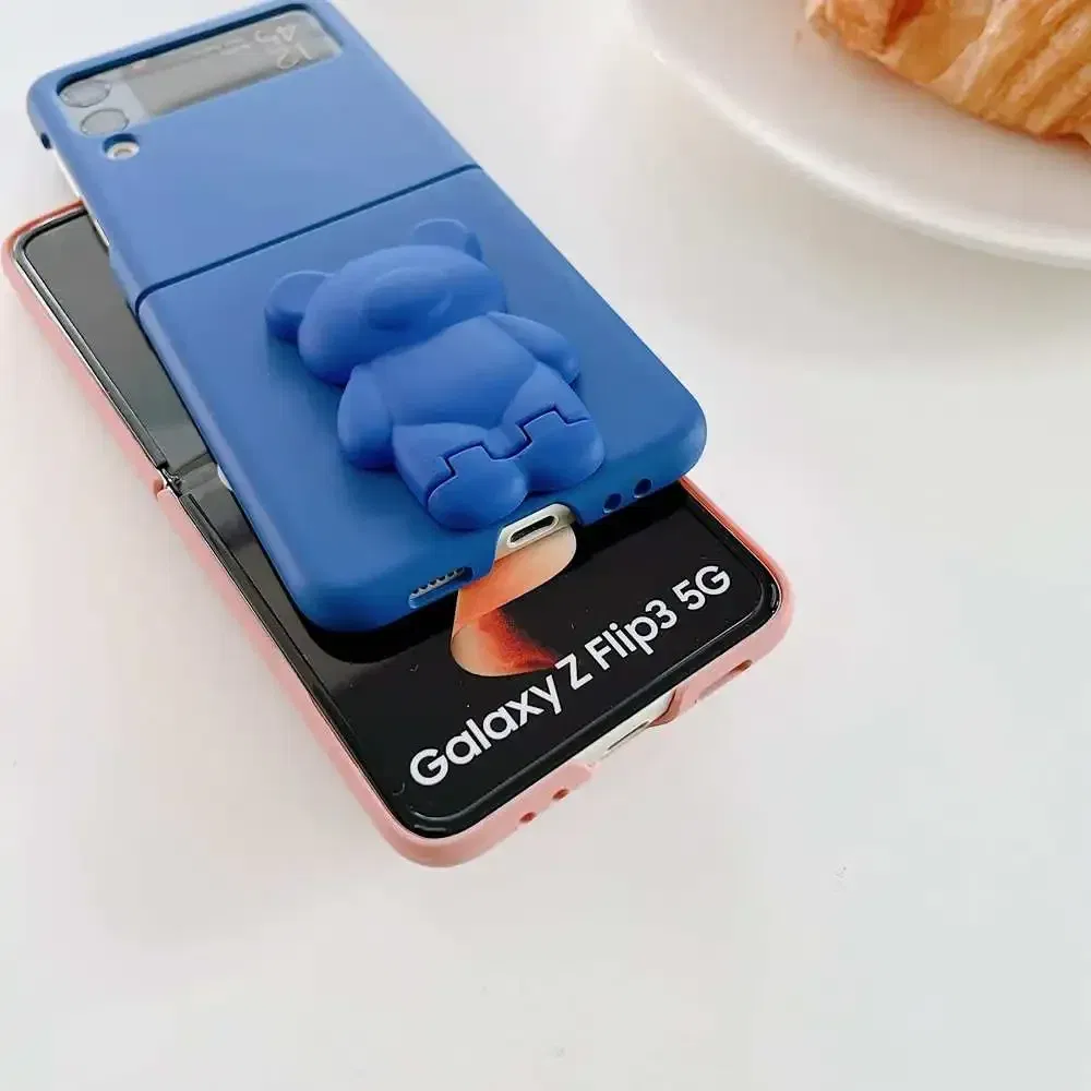Color: Pink, Material: ABS - 3D Bear Bracket Kickstand Cute Case For Samsung Galaxy Z Flip 5 4 3 Hard Phone Case For Samsung Z Flip 3 4 Flip5 ZFlip4 Cover