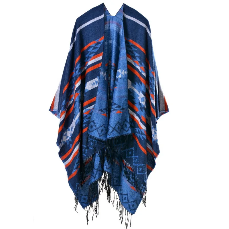 Color: Dark Grey, Size: One Size, Ships From: CHINA - European American Popular Tassel Thickened Cashmere Like National Style Travel Fork Shawl Scarf in autumn Ponchos Capes