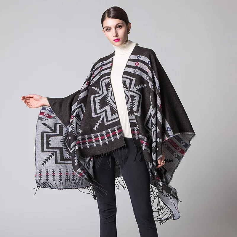 Color: Dark Grey, Size: One Size, Ships From: CHINA - European American Popular Tassel Thickened Cashmere Like National Style Travel Fork Shawl Scarf in autumn Ponchos Capes