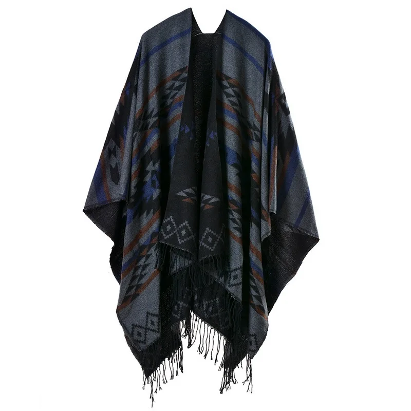 Color: Dark Grey, Size: One Size, Ships From: CHINA - European American Popular Tassel Thickened Cashmere Like National Style Travel Fork Shawl Scarf in autumn Ponchos Capes