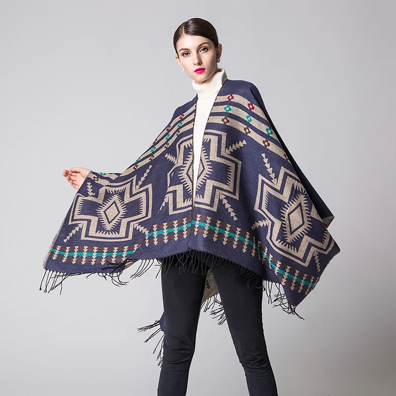 Color: Dark Grey, Size: One Size, Ships From: CHINA - European American Popular Tassel Thickened Cashmere Like National Style Travel Fork Shawl Scarf in autumn Ponchos Capes