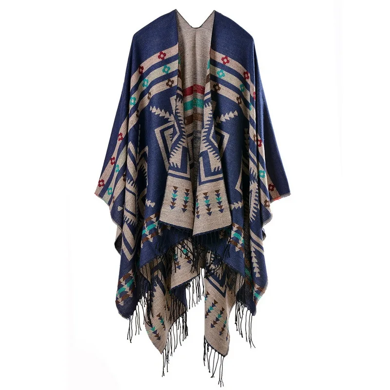 Color: Dark Grey, Size: One Size, Ships From: CHINA - European American Popular Tassel Thickened Cashmere Like National Style Travel Fork Shawl Scarf in autumn Ponchos Capes