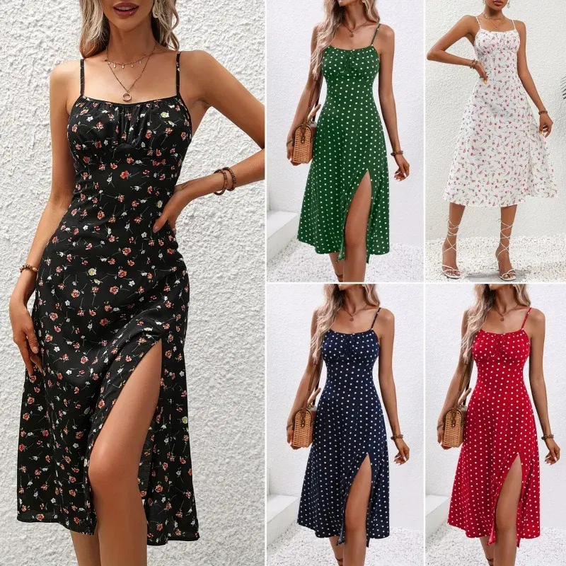 Color: Beige, Size: XXL - 2025 Summer Sexy Spaghetti Straps Dress Women Fashion Polka Dot Print Sleeveless Slit Dress Boho Casual Beach Midi Dresses
