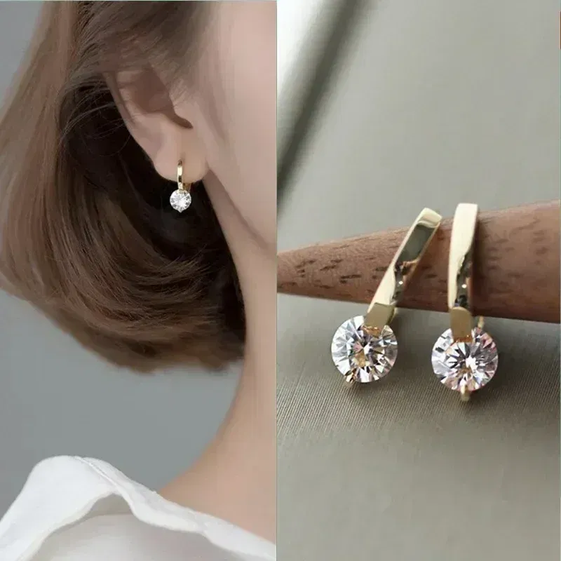 Metal Color: BROWN - 2024 New Fashion Gold Color Round Zircon Simple Drop Dangle Earrings for Women Charm Korean Hoop Jewelry Wedding Birthday Gift