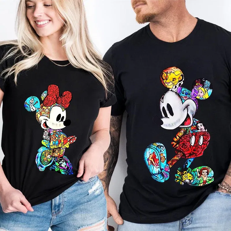 Color: Dark Grey, Size: XS?€old?‰ - Disney Couples Mickey Mouse Minnie Print T-shirt Couples Men's and Women's Cotton Short Sleeve Casual Tops
