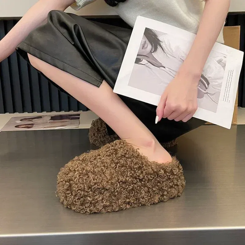Color: Beige, Shoe Size: 37 - Thick Heel Luxury Lambwool Mules  Winter Shoes Woman Flip Flops Flat Cover Toe Slides Ins Warm Curly Lamb Fur Slippers Women