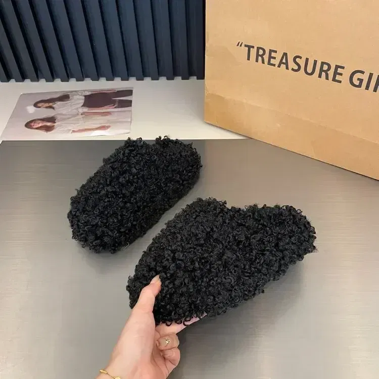 Color: Beige, Shoe Size: 37 - Thick Heel Luxury Lambwool Mules  Winter Shoes Woman Flip Flops Flat Cover Toe Slides Ins Warm Curly Lamb Fur Slippers Women