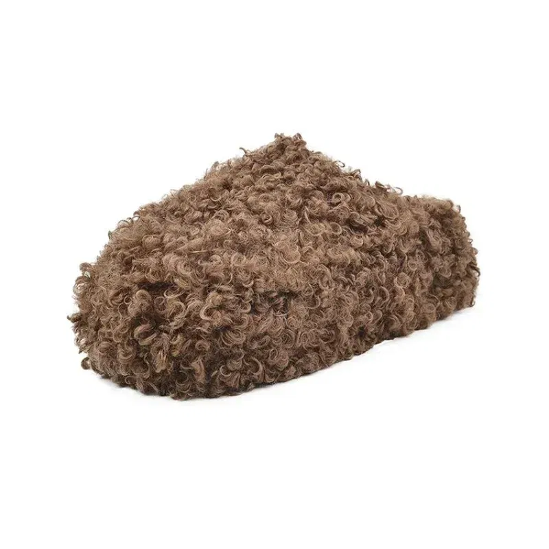 Color: Beige, Shoe Size: 37 - Thick Heel Luxury Lambwool Mules  Winter Shoes Woman Flip Flops Flat Cover Toe Slides Ins Warm Curly Lamb Fur Slippers Women