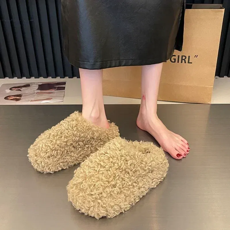 Color: Beige, Shoe Size: 37 - Thick Heel Luxury Lambwool Mules  Winter Shoes Woman Flip Flops Flat Cover Toe Slides Ins Warm Curly Lamb Fur Slippers Women