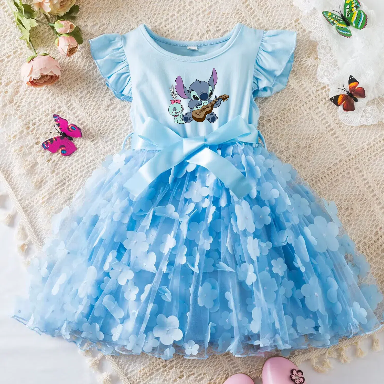 Color: Red, Size: L - 3D Butterfly Cute Lilo Stitch Summer Dress for Kid's Casual Clothes Baby Girls Beautiful Princess Dress Party Dresses 2-6 Yrs