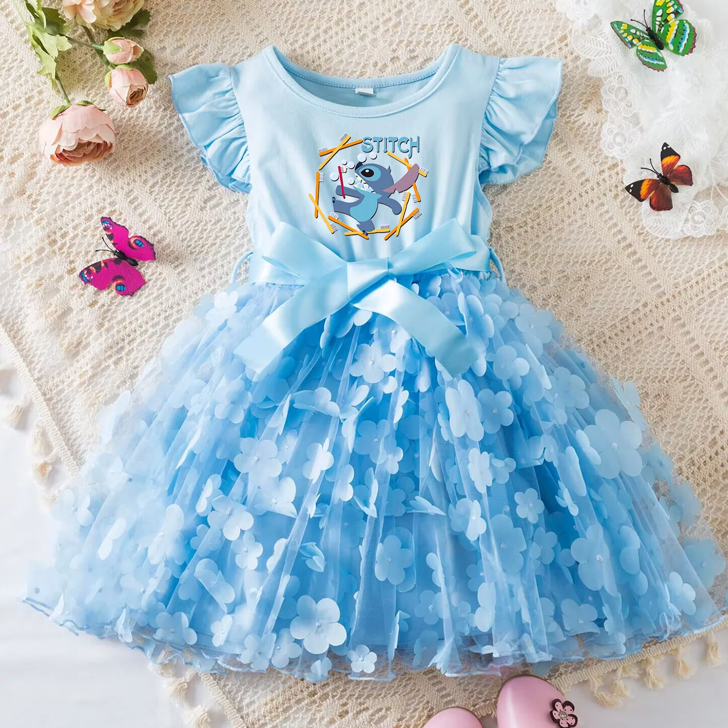 Color: Red, Size: L - 3D Butterfly Cute Lilo Stitch Summer Dress for Kid's Casual Clothes Baby Girls Beautiful Princess Dress Party Dresses 2-6 Yrs