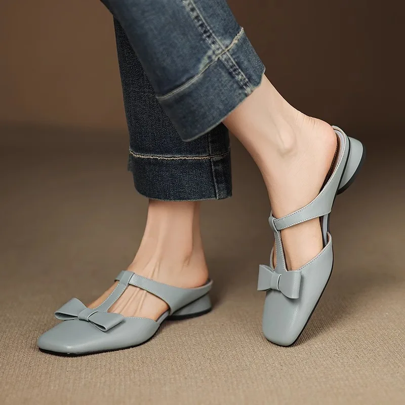 Color: Beige, Shoe Size: 37 - New Spring Summer Butterfly-Knot Patent Leather Pointed Toe Women Slippers Fashion Thin High Heels Mules Shoes Elegant Pumps