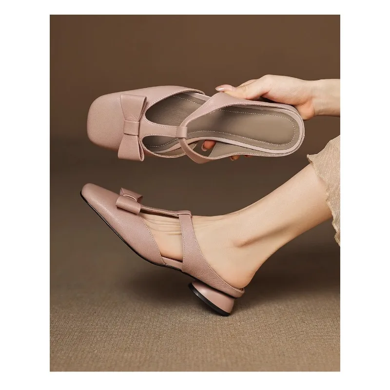 Color: Beige, Shoe Size: 37 - New Spring Summer Butterfly-Knot Patent Leather Pointed Toe Women Slippers Fashion Thin High Heels Mules Shoes Elegant Pumps