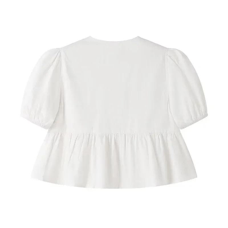 Color: black, Size: XS - TRAF White Crop Top Women Black Ruffle Short Puff Sleeve Blouse Female Bow Tied Summer Blouses Woman 2024 Ruched Cute Tops