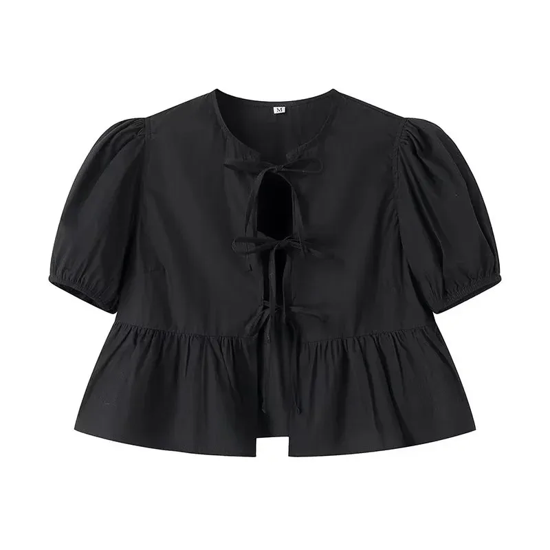 Color: black, Size: XS - TRAF White Crop Top Women Black Ruffle Short Puff Sleeve Blouse Female Bow Tied Summer Blouses Woman 2024 Ruched Cute Tops