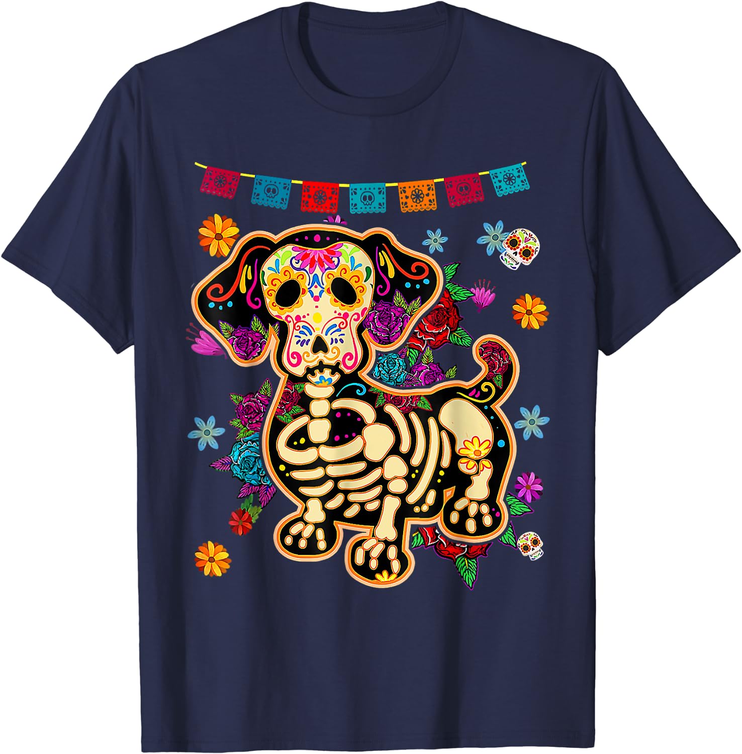 Color: WHITE, Size: 4XL - Sugar Skull Mexican Dachshund Bone Halloween Day of Dead T-Shirt Casual Cotton Four Seasons Graphic T Shirts Funny T Shirts
