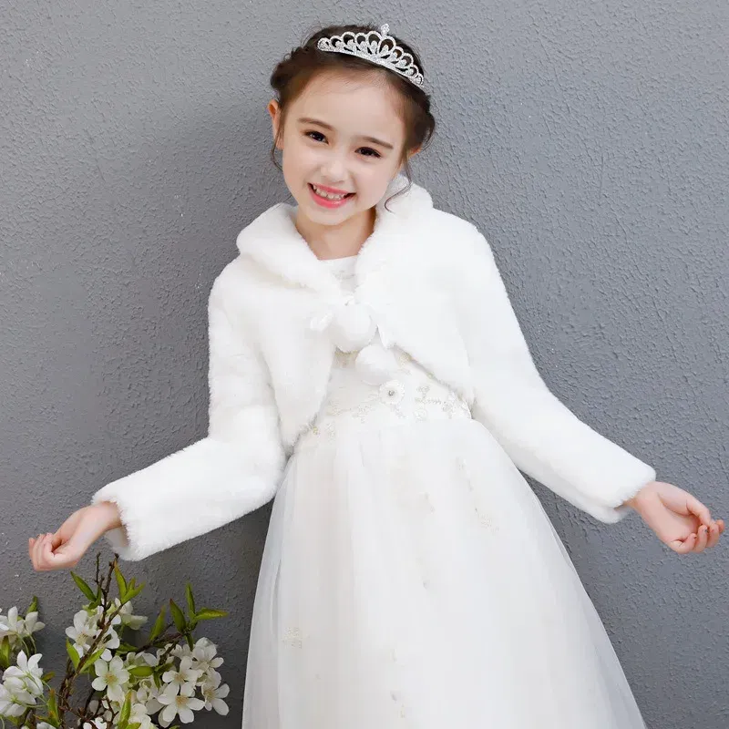 Color: Beige, Kid Size: 4T - Kids Girls Princess Thicken Plush Jacket Crop Wraps Shawl Flower Girls Long Sleeves Bolero Warm Cape Wedding Birthday Party Coat