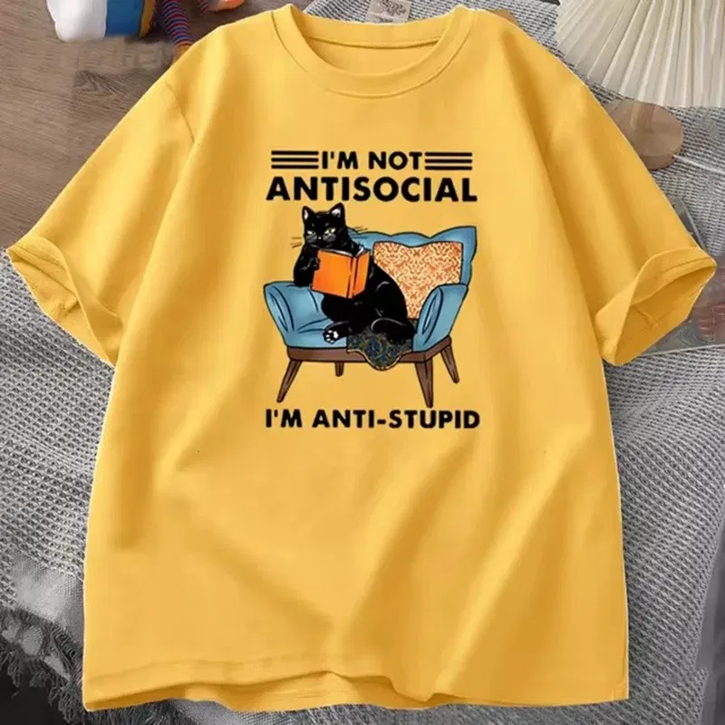 Color: Beige, Size: M - funny cat reading book T-Shirts Graphic Tees Cotton Mens Clothing O Neck Meme Short Sleeve Tees Harajuku Fashion Womens Oversize