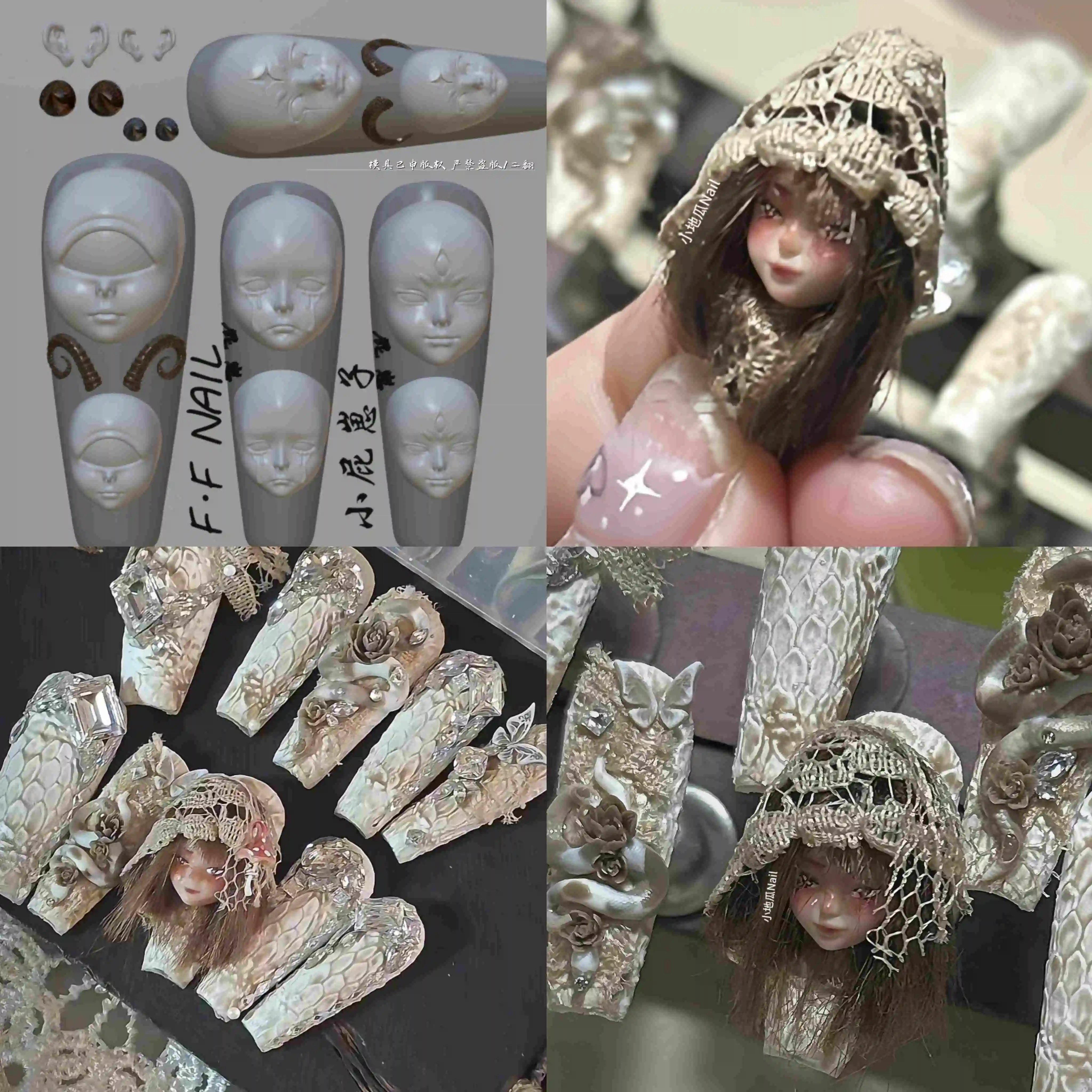 Color: Snow - 1pc Snake Flamingo Jellyfish Dragon Dtream 3D Acrylic Mold Nail Art DIY Silicone Nail Art Templates Nails Mold