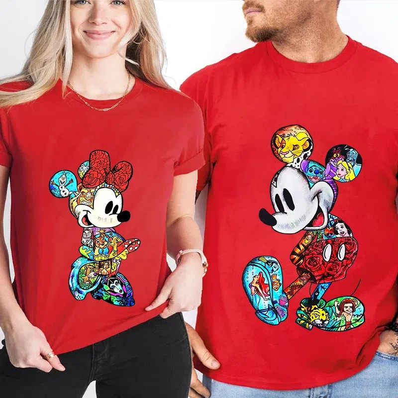 Color: Brown, Size: L - Disney Couples Mickey Mouse Minnie Print T-shirt Couples Men's and Women's Cotton Short Sleeve Casual Tops