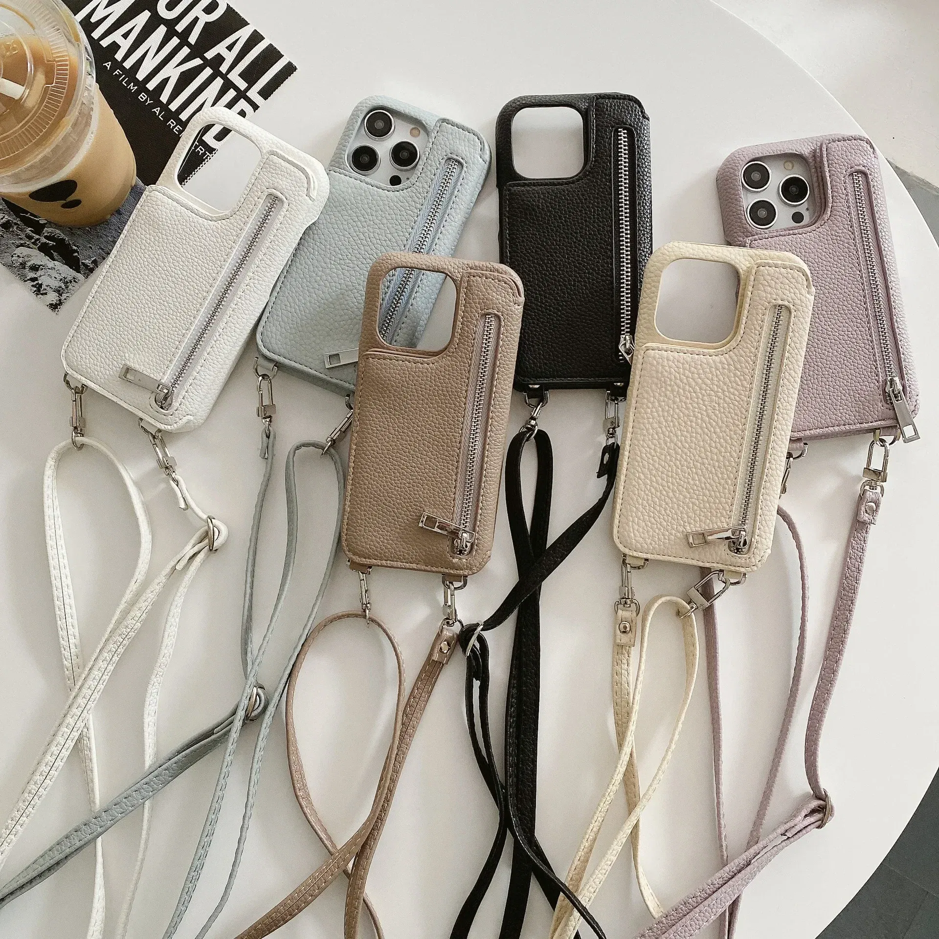 Material: Acrylic, Color: Clear - Zipper Wallet Makeup Mirror Crossbody Lanyard Case For iPhone 16 15 14 Pro Max 13 12 11 XR XS 7 8 Plus Card Slot Leather Cover