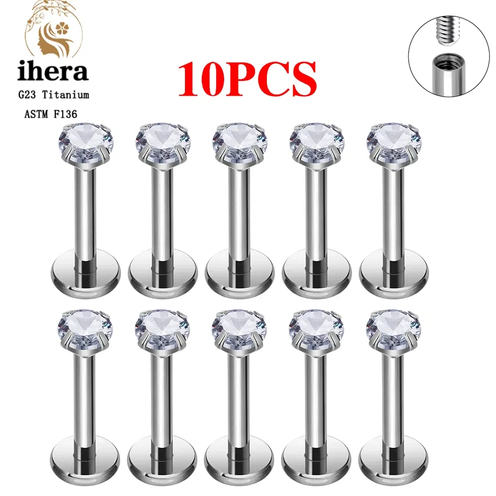 Metal color: Imitation Rhodium Plated, Ships From: CHINA, Main Stone Color: WHITE - 10PCS G23 Titanium Labret Piercing Lip Ring 16G F136 Internal Thread Nose Stud Earring Tragus Helix Cartilage Piercing Jewelry