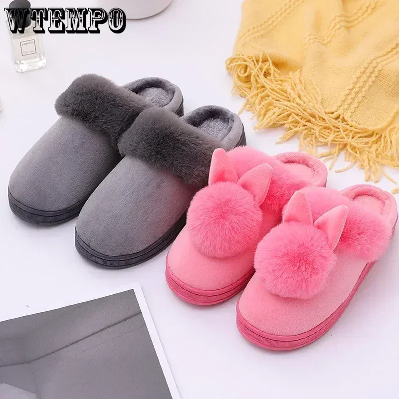 Color: Black, Shoe Size: 4 - WTEMPO Fluffy House Shoes Women Winter Warm Slippers Cute Rabbit Ears Female Furry Plush Slippers Home Indoor Ladies Soft Shoes