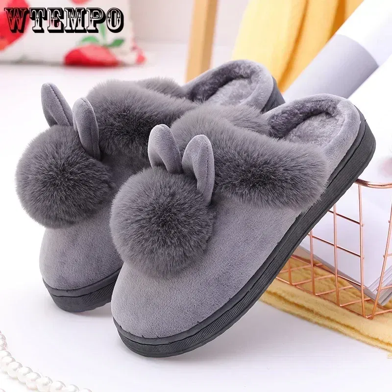 Color: Black, Shoe Size: 4 - WTEMPO Fluffy House Shoes Women Winter Warm Slippers Cute Rabbit Ears Female Furry Plush Slippers Home Indoor Ladies Soft Shoes