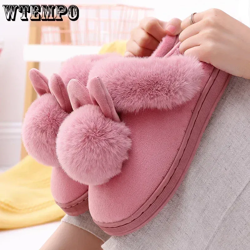 Color: Black, Shoe Size: 4 - WTEMPO Fluffy House Shoes Women Winter Warm Slippers Cute Rabbit Ears Female Furry Plush Slippers Home Indoor Ladies Soft Shoes