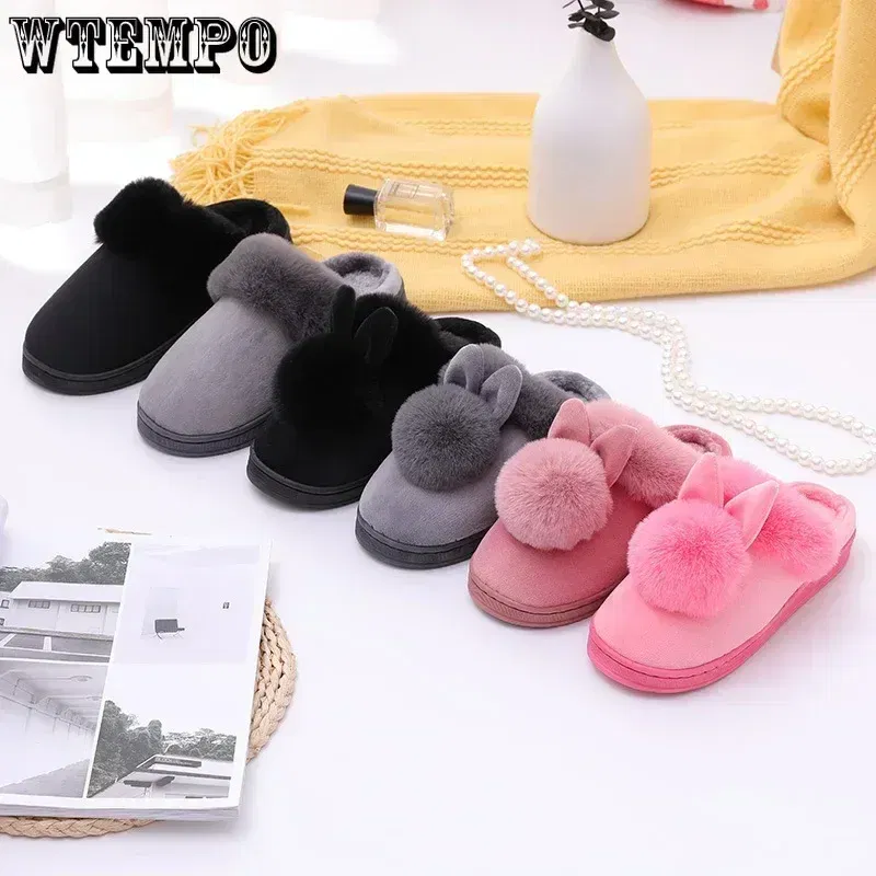 Color: Black, Shoe Size: 4 - WTEMPO Fluffy House Shoes Women Winter Warm Slippers Cute Rabbit Ears Female Furry Plush Slippers Home Indoor Ladies Soft Shoes