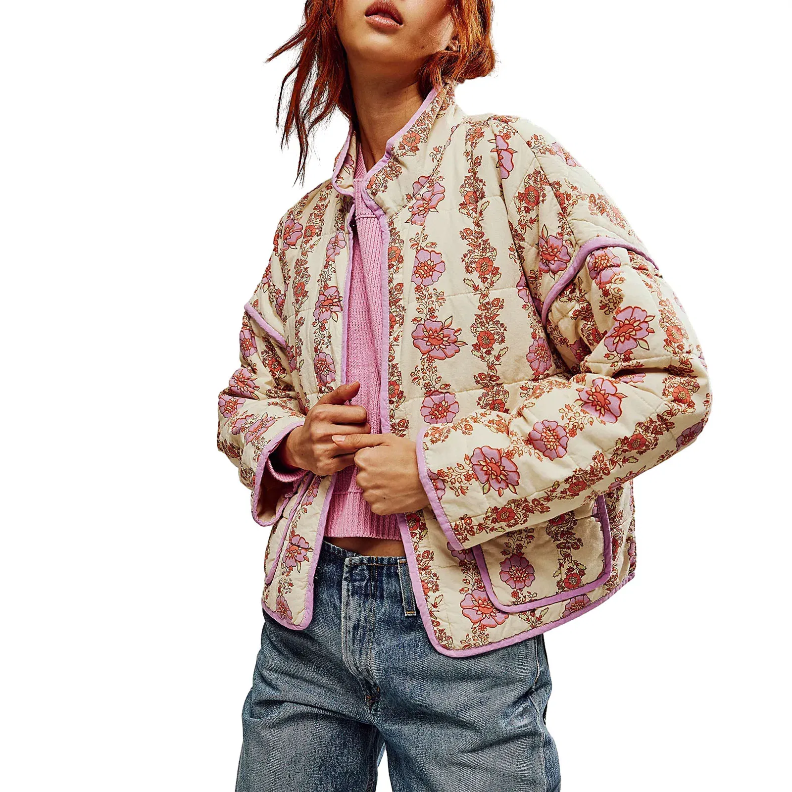 Color: SKY BLUE, Size: L - Combhasaki Women's Autumn Vintage Y2K Floral Print Quilted Cardigan Parka Coat Long Sleeve Stand Collar Loose Jacket with Pocket