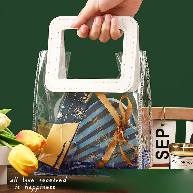 Color: Fluorescence Yellow, Gift Box Size: Other - 1PC Clear Candy Handbag PVC Gifts Cosmetics Bag Transparent Souvenir Packaging Bags Tote Xmas Birthday Wedding Party Supplies