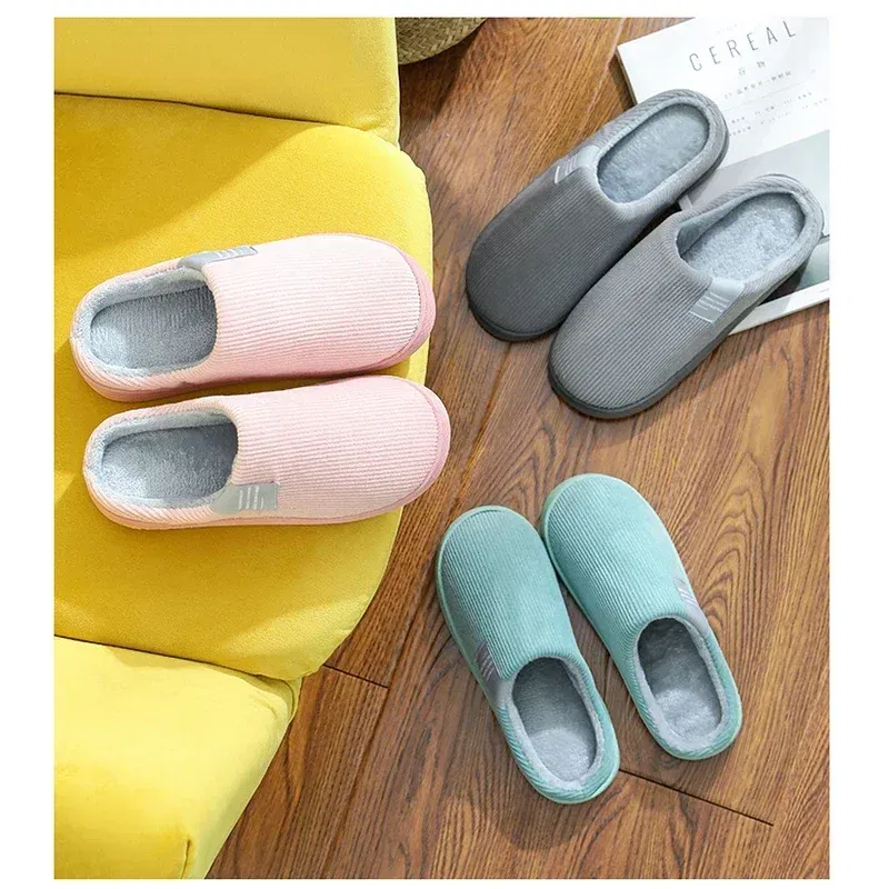Color: Grass-Green, Shoe Size: 33.5 - New Winter Household Warm Furry Women Men Shoes Indoor Slippers Bedroom Cotton Slippers Plush Home Slippers Ladies Flip Flops