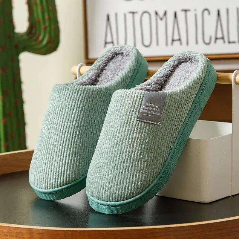 Color: Grass-Green, Shoe Size: 33.5 - New Winter Household Warm Furry Women Men Shoes Indoor Slippers Bedroom Cotton Slippers Plush Home Slippers Ladies Flip Flops