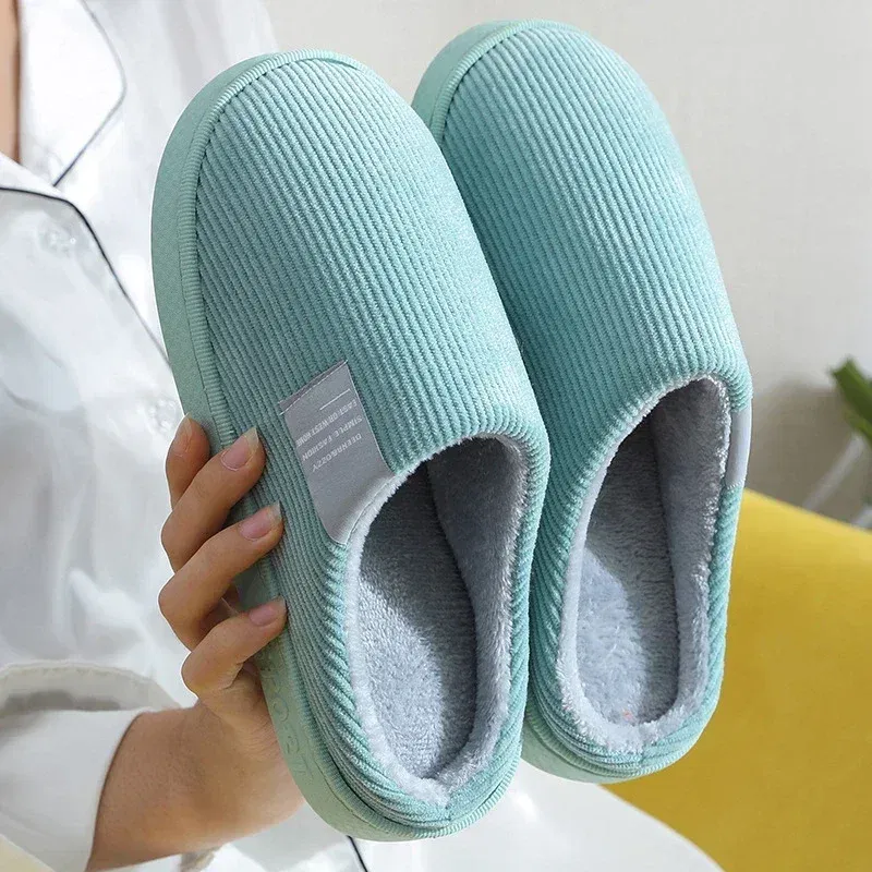 Color: Grass-Green, Shoe Size: 33.5 - New Winter Household Warm Furry Women Men Shoes Indoor Slippers Bedroom Cotton Slippers Plush Home Slippers Ladies Flip Flops