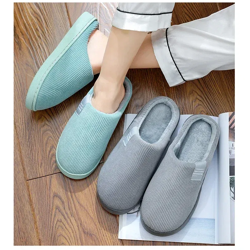 Color: Grass-Green, Shoe Size: 33.5 - New Winter Household Warm Furry Women Men Shoes Indoor Slippers Bedroom Cotton Slippers Plush Home Slippers Ladies Flip Flops
