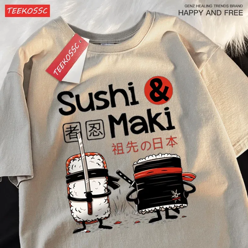 Color: Gold, Size: XXL - Theduc Sushi And Sushi Printing Men Women Tshirt Cotton T-Shirts Loose T Shirt Crewneck Loose Tops Fashion Clothes Unisex