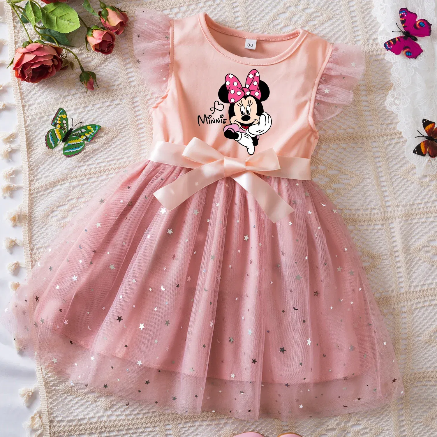 Color: Dark Grey, Size: XL - Mickey Minnie Mouse Girls Summer Clothes Flying Sleeves Bow Sequin Dress 2-6Y Kid Birthday Tutu Princess Dress for Baby Girl