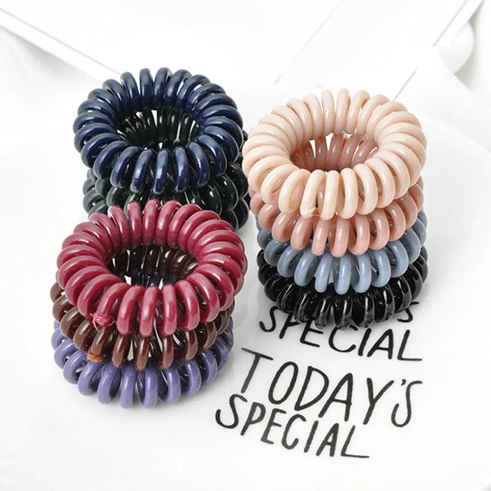 Color: PURPLE - High Elasticity Telephone Coil Hairbands Women Spiral Hair Ties Girl Hair Ring Rope Solid Color Hair Accessories Ponytail Holder