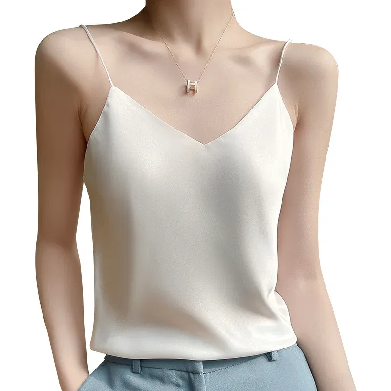 Color: green, Size: S - Fashion Silky Camisole Women's Inner With White Bottoming Satin Top Summer V-neck Thin Section