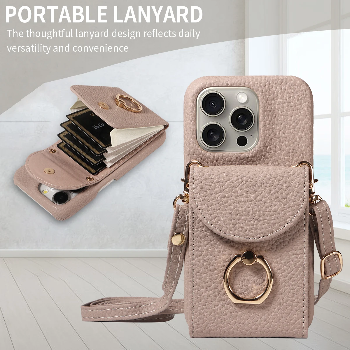 Color: Khaki, Compatible-Phone Models: For iPhone 14 Pro, Bundle: Case & Strap, Material: Artificial Leather - High Quality Ring Stand Lychee Pattern Phone Case for IPhone16promax15 14 13 Crossbody with Lanyard PU Leather Anti-fall Cover